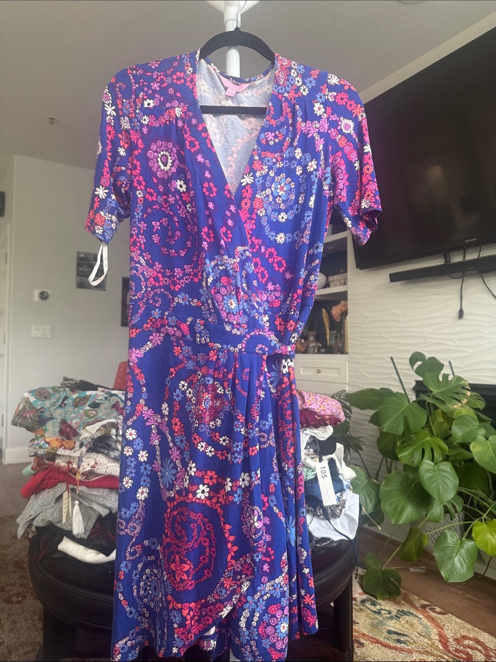 Lilly Pulitzer Royal Blue Pink Floral Wrap-Style Midi Dress